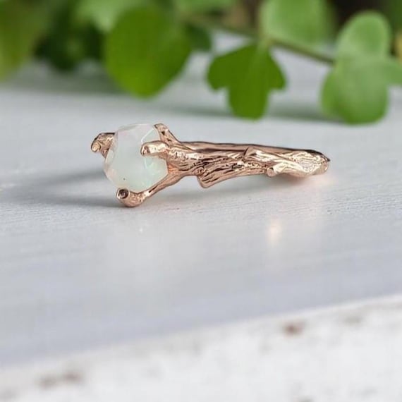 Hand-Cut Raw Opal Twig Engagement Ring in Solid Gold - Unique DV Jewelry Design