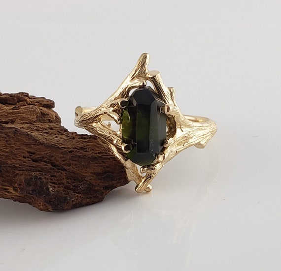 Raw Hand Cut Polished Green Tourmaline Engagement Ring, Bridal Set, Anniversary Ring in a 14k Yellow Gold Twig Setting by DV Jewelry Designs