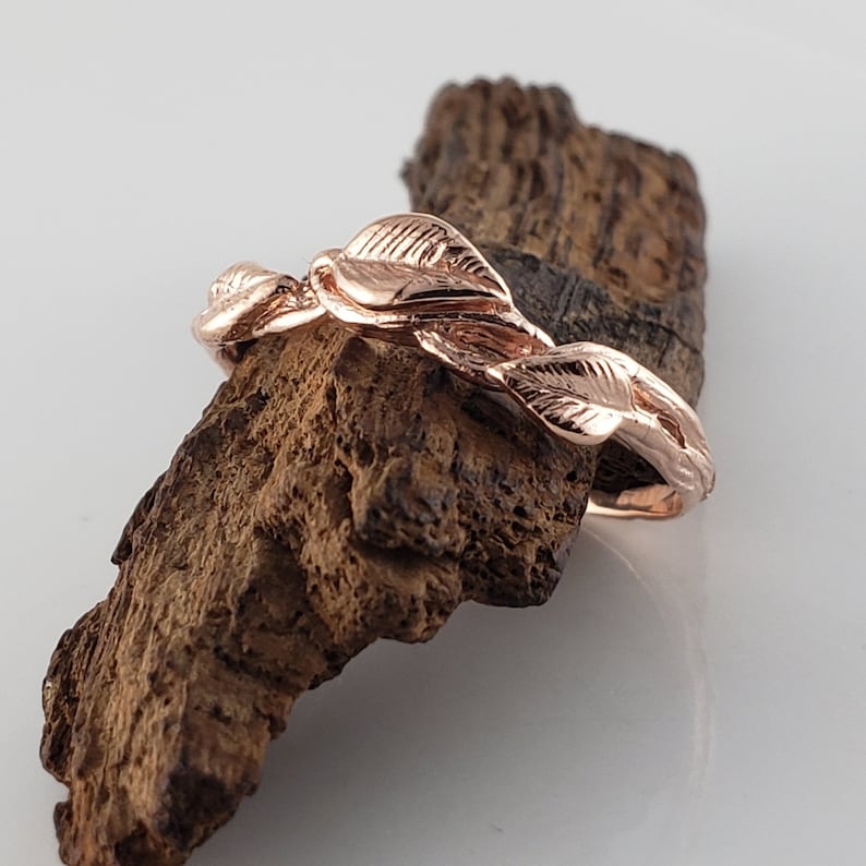 Leaf and Twig Curved Wedding Band in Solid Gold, Twig Band with Leaves, Stacking Statement Ring by DV Jewelry Designs image 5