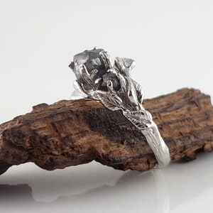 Leaf and Twig Rough Salt and Pepper Raw Diamond Engagement Ring, Three Diamonds in Solid Gold by DV Jewelry Designs image 6