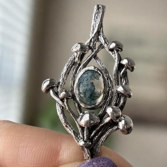 Moss Agate Mushroom Branch Style Sterling Silver Pendant