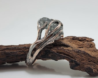 Raw Green Sapphire Twig Engagement Ring in 14k Rose Gold, Anniversary Ring, Handcrafted by DV Jewelry Designs