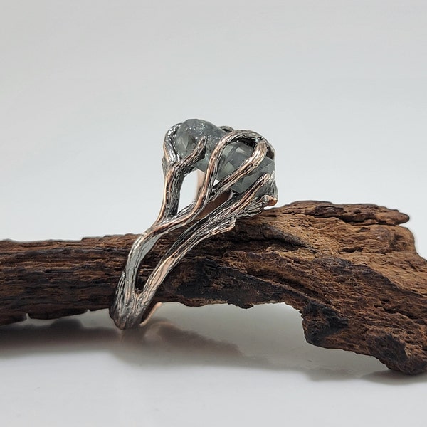Montana Green Sapphire Twig Engagement Ring in 14k Rose Gold, Anniversary Ring, Hand Sculpted by DV Jewelry Designs