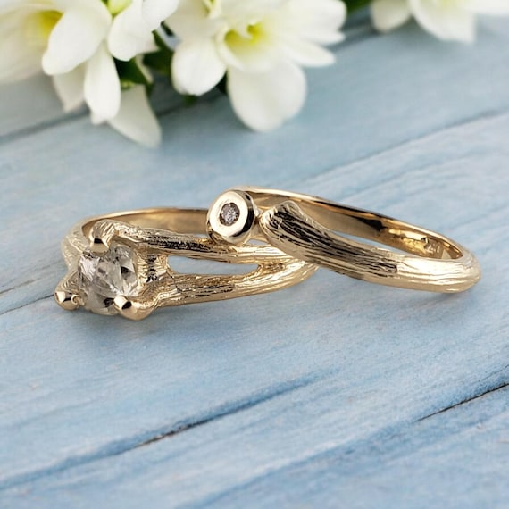 Premium Raw Diamond Twig Bridal Set Wedding Band with - Faceted Diamond - Solid Gold Wedding Band, by DV Jewelry Designs