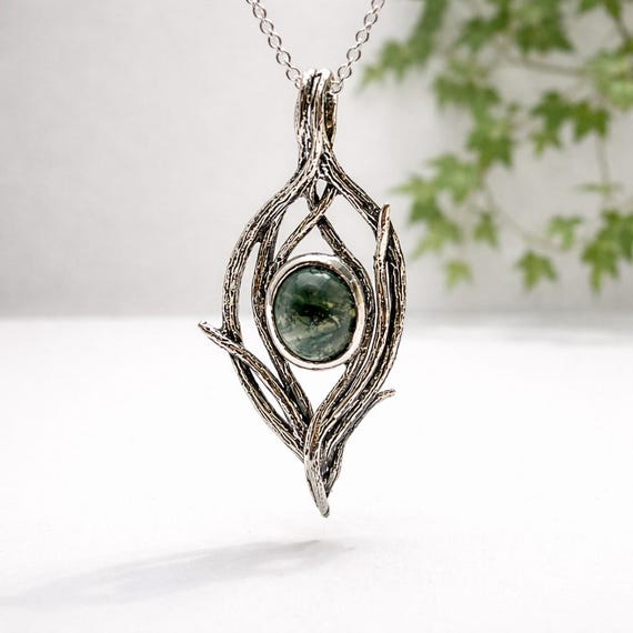 Moss Agate Cabochon Branch Style Sterling Silver Pendant