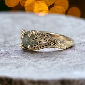 Green Montana Sapphire Branch & Twig Wedding Set in 14k Yellow Gold, Anniversary Ring, Hand Sculpted by DV Jewelry Designs