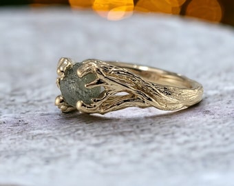 Green Montana Sapphire Branch & Twig Wedding Set in 14k Yellow Gold, Anniversary Ring, Hand Sculpted by DV Jewelry Designs