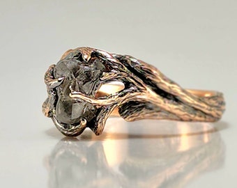 Raw Rough 2 Carat Salt & Pepper Diamond Engagement Ring in 14k Rose Gold with Antique Finish by DV Jewelry Designs