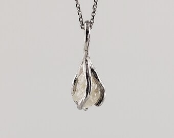 Hand Sculpted Twig and Leaf Pendant, Rough Uncut Diamond Pendant, Unique Necklace Pendant by Dawn Vertrees