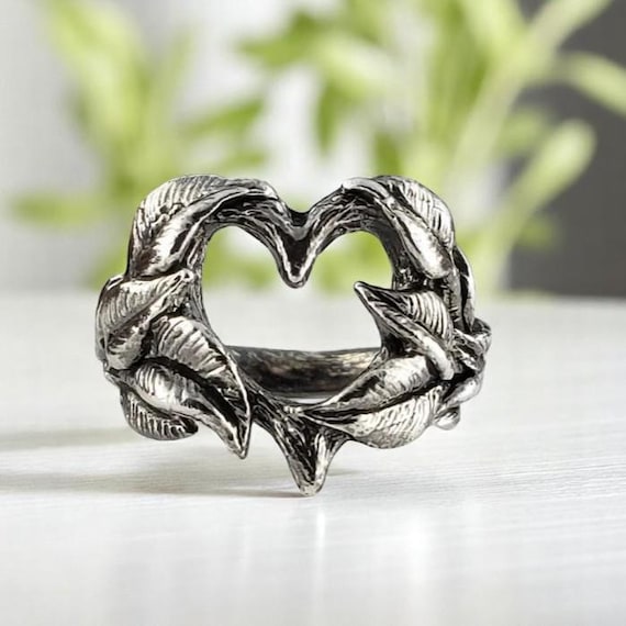Sterling Silver Open Heart Ring: Leaf & Twig Band, Oxidized Finish
