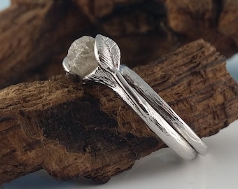 Rough Raw Diamond Twig and Leaf Engagement Ring, Hand Sculpted Solid Gold, Bridal Set, by Dawn Vertrees Jewelry