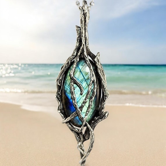 Labradorite Gemstone Silver Pendant - Unique Beach Jewelry Gift