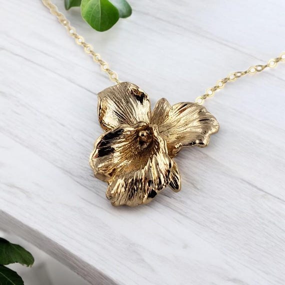 Cattleya Orchid Pendant in Solid Yellow/White or Rose Gold by DV Jewelry Designs