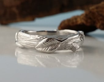 Twig Wedding Band with Leaves in Sterling Silver or Gold, Handmade Ring by DV Jewelry Designs