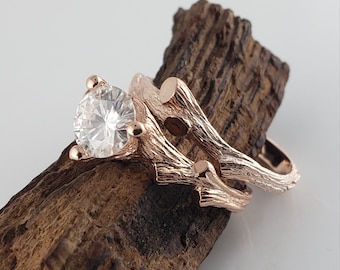 Moissanite Twig Engagement Ring in Solid Gold, Bridal Set by DV Jewelry Designs