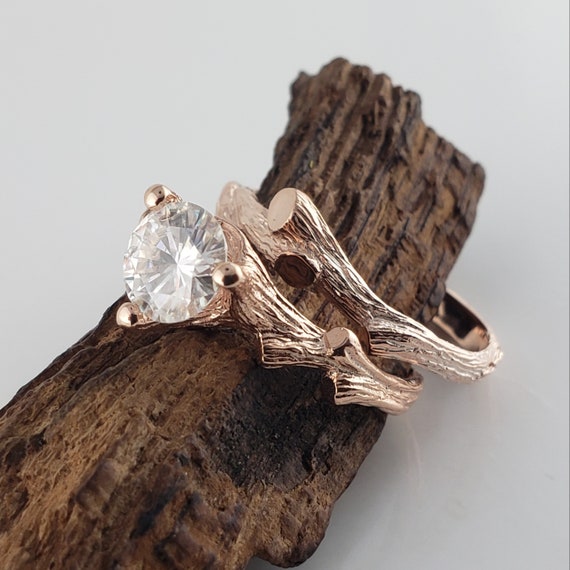 Moissanite Branch & Twig Engagement Ring in Solid Gold, Bridal Set by DV Jewelry Designs