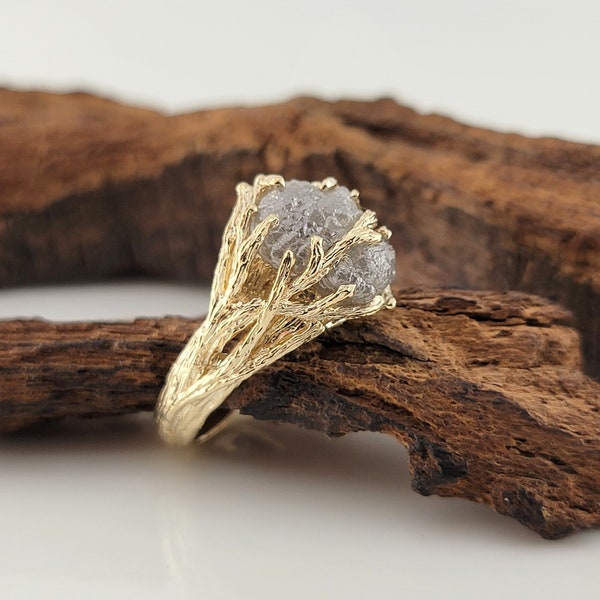 Rough Diamond Twig Engagement, 14k Yellow Gold Branch Ring - Anniversary Ring- DV Jewelry Designs