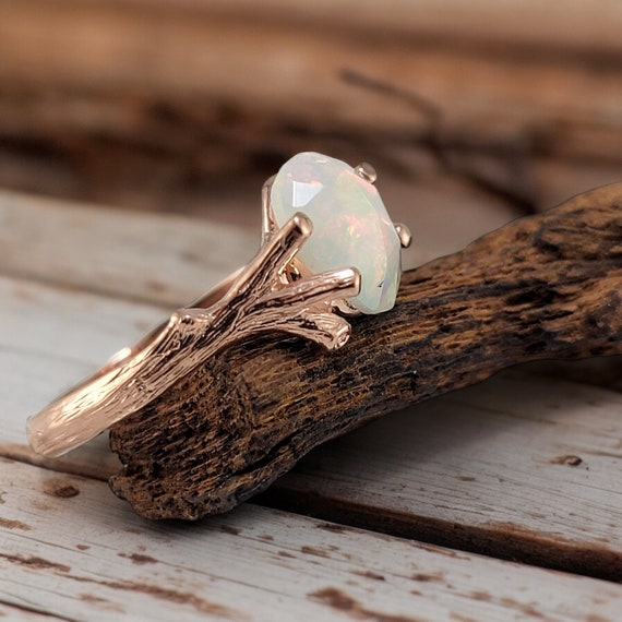 October Birthstone - Ethiopian Rose Cut Opal Twig Engagement Ring in 14k Rose Gold - Branch and Twig Ring Setting