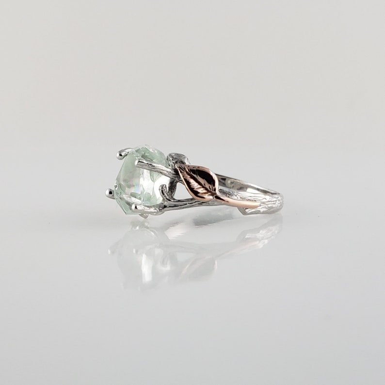 Hand Cut Aquamarine, 14k White Gold Twig Engagement Ring with 14k Rose Gold Leaves, Two Tone Wedding Ring image 8