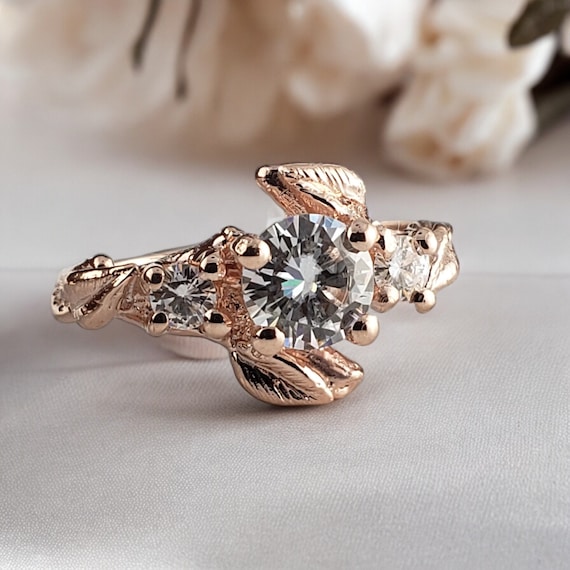 Moissanite Leaf & Twig Engagement Ring in Solid Gold, Three Stones - Anniversary Jewelry - by DV Designs
