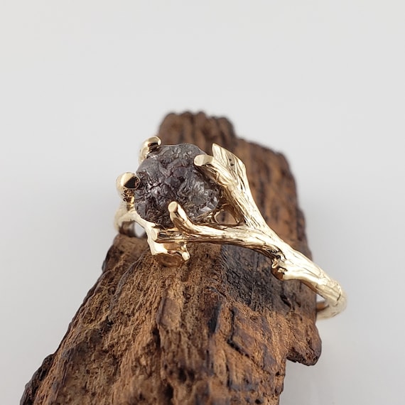 Rough Uncut Black Raw Diamond, 14k Yellow Gold, Twig Wedding Ring, Engagement Rings by Dawn Vertrees