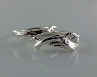 14k Gold or Sterling Silver, Leaf and Twig Wedding Set, Couples Ring, Leaf and Twig Rings, Tree Branch Ring, Leaf Ring by Dawn Vertrees