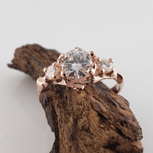 Three Moissanite Branch & Twig Engagement Ring in Solid Gold - by DV Designs