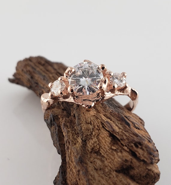 Three Moissanite Branch & Twig Engagement Ring in Solid Gold Anniversary Jewelry, Gift - by DV Designs