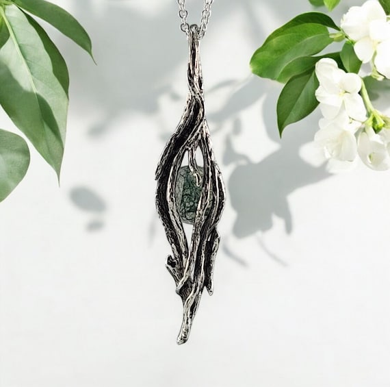 Moss Agate Pendant– Sterling Silver Twig Pendant, Green Gemstone Jewelry, Nature-Inspired Necklace