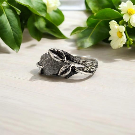 Rough Diamond Engagement Ring, Nature-Inspired Leaf & Flower Design, Unique Raw Diamond Silver Ring, Eco-Friendly Jewelry Gift