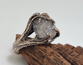 Rough Diamond Twig Engagement, Rose Gold with Antique Finish - Anniversary Ring- DV Jewelry Designs