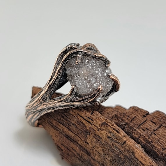 Rough Diamond Twig Engagement, Rose Gold with Antique Finish - Anniversary Ring- DV Jewelry Designs
