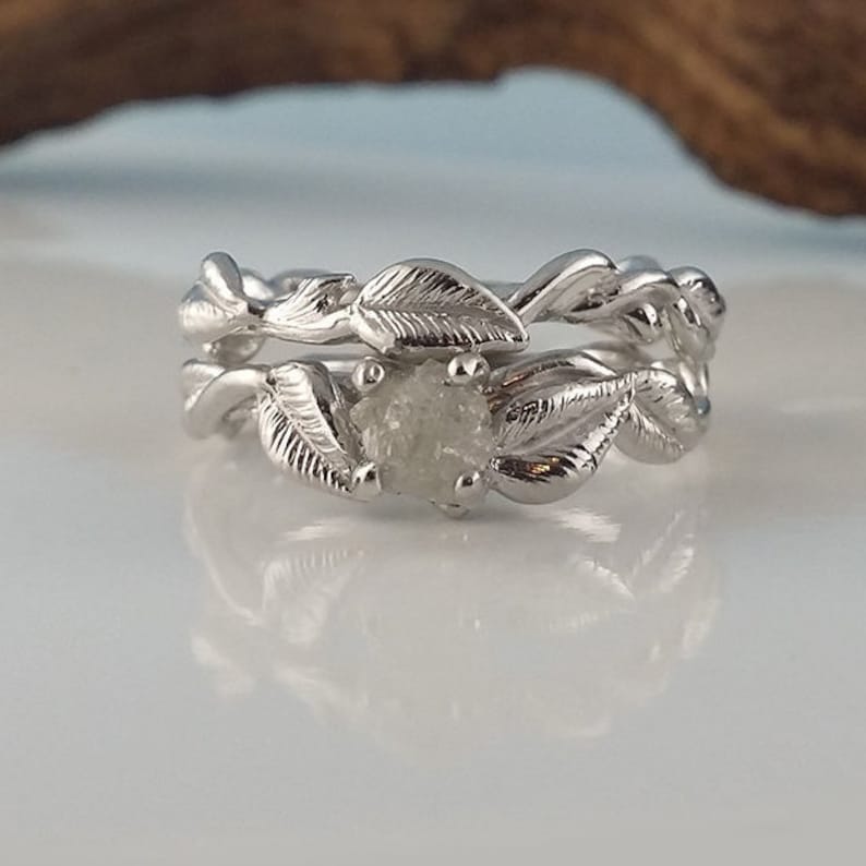 Leaf, Twig and Vine Uncut Rough Diamond Wedding Ring Set, Twig and Branch Style Bridal Ring Set in Solid Gold by Dawn Vertrees image 3