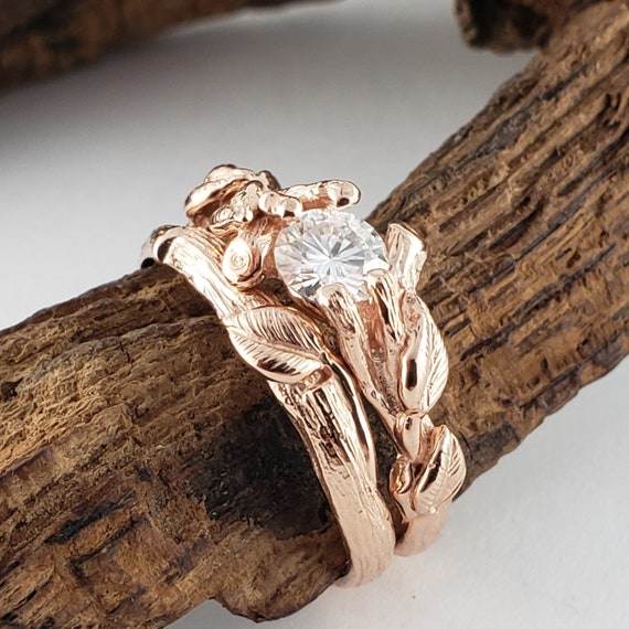 Round Moissanite Leaf and Twig Bridal Set, Engagement Anniversary Ring by DV Jewelry Designs