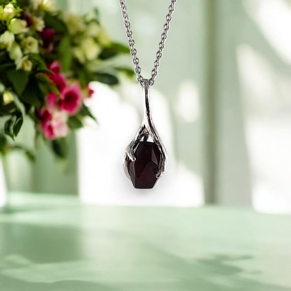 Garnet Twig Pendant in 14k White Gold - Rough Raw Garnet Twig Pendant - Unique Gemstone Necklace by DV Jewelry Designs