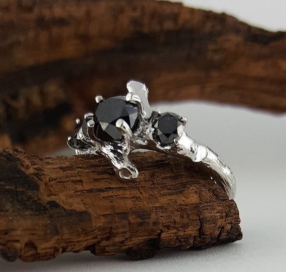 Black Diamond Engagement Ring – Three Stone Bridal Set, Hand-Sculpted by DV Jewelry Designs, Unique Artisan Promise Ring