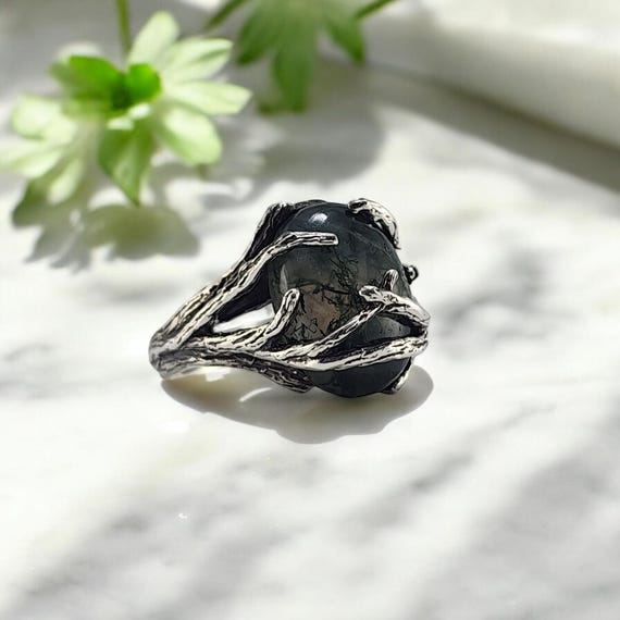 Unique Dark Silver Moss Agate Ring Nature Inspired Aquatic Agate Engagement Ring Vintage Twig Wedding Ring