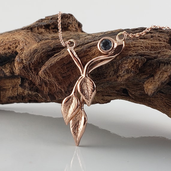 14k Rose Gold Three Leaf & Twig Gemstone Necklace - Teal Montana Sapphire Pendant by DV Jewelry Designs