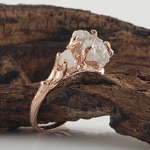 Raw Diamond Rose Gold Twig Ring – Three Stone Engagement Jewelry