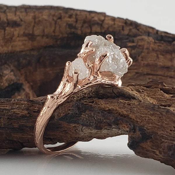 Raw Diamond Rose Gold Twig Ring – Three Stone Engagement Jewelry