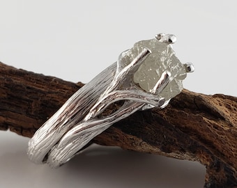 2ct Rough Diamond Twig Engagement Ring - Bridal Set by DV Jewelry Designs