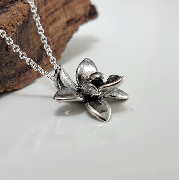Elegant Dendrobium Orchid Necklace, Sterling Silver Floral Bridal Pendant by DV Jewelry Designs