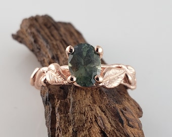 1ct Oval Green Montana Sapphire - Twig and Leaf Bridal Set - Wedding Ring by DV Jewelry Designs
