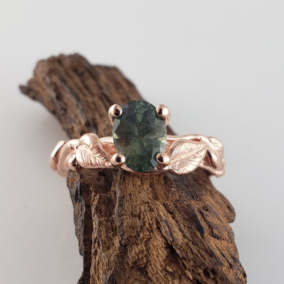 1ct Oval Green Sapphire - Twig and Leaf Bridal Set - Wedding Ring by DV Jewelry Designs