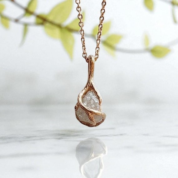 Rough Diamond Twig Pendant Necklace in 14k Rose Gold – One-of-a-Kind Nature-Inspired Jewelry