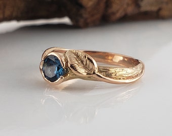 Rose Gold Leaf Engagement Ring - Blue London Topaz Ring - Gemstone Jewelry - Gold Engagement Ring - Twig and Leaf Ring