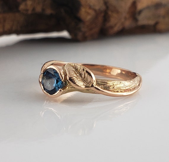 Rose Gold Leaf Engagement Ring - Blue London Topaz Ring - Gemstone Jewelry - Gold Engagement Ring - Twig and Leaf Ring