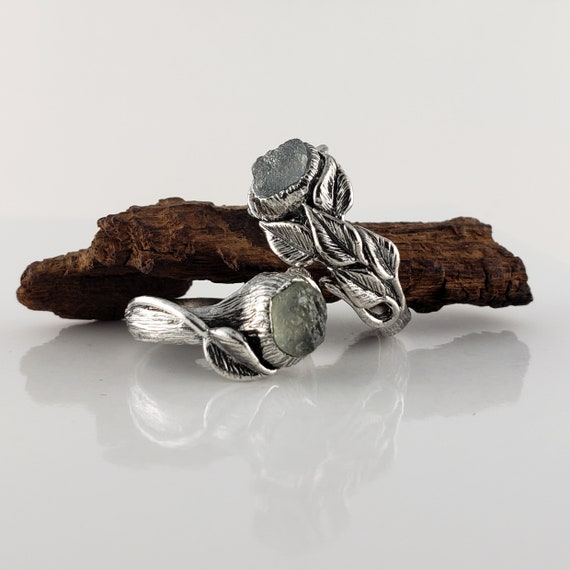 Unisex Leaf and Twig Sapphire Engagement Ring Set, Montana Sapphire or Raw Diamond, Wedding Rings by DV Designs