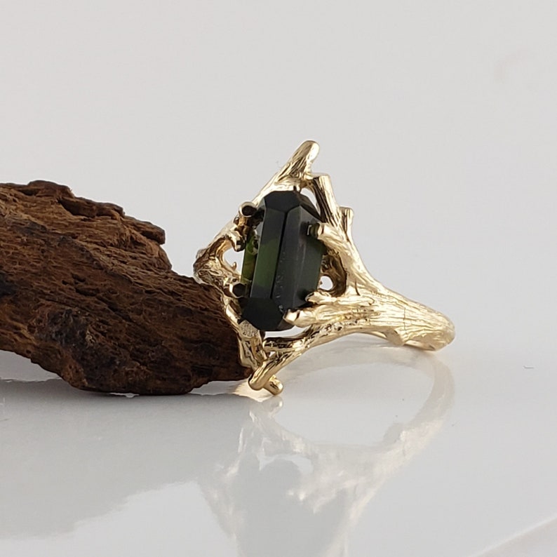 Raw Hand Cut Polished Green Tourmaline Engagement Ring, Bridal Set, Anniversary Ring in a 14k Yellow Gold Twig Setting by Dawn image 7