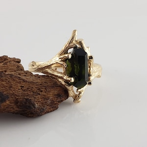 Raw Hand Cut Polished Green Tourmaline Engagement Ring, Bridal Set, Anniversary Ring in a 14k Yellow Gold Twig Setting by Dawn image 4